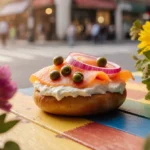 Golden-brown bagel topped with cream cheese and lox sits on rustic table with flowers showing National Bagel Day joy