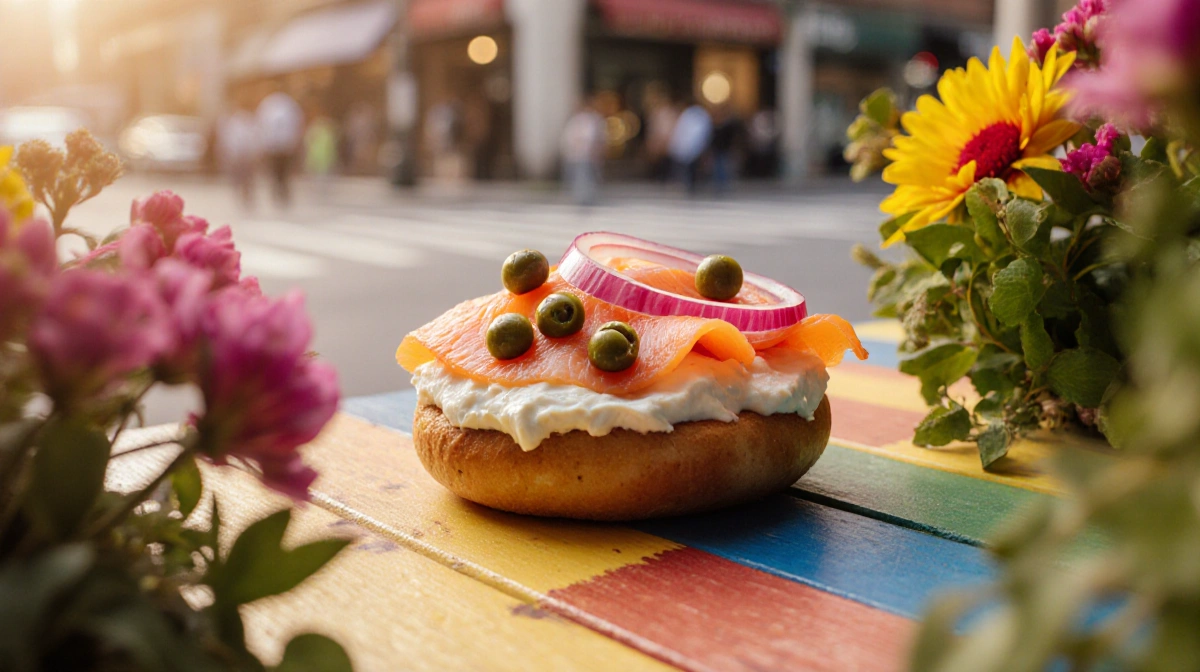 Golden-brown bagel topped with cream cheese and lox sits on rustic table with flowers showing National Bagel Day joy