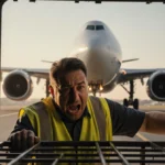 Baggage handler clinging to cargo hold grille with frightened expression and departing plane visible behind