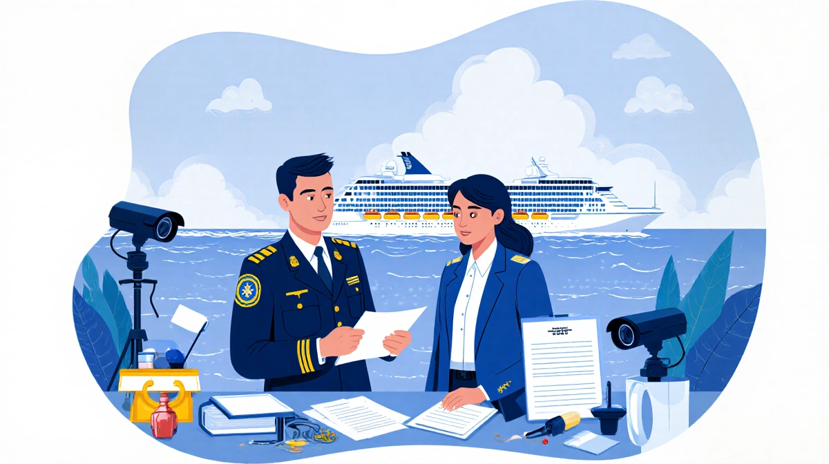 Bahamas and French Polynesia officials reviewing documents together with cruise ship visible in the distance