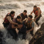 Rescuers pulling five people to safety with waves crashing on rocky shore and warm sunlight showing exhaustion.