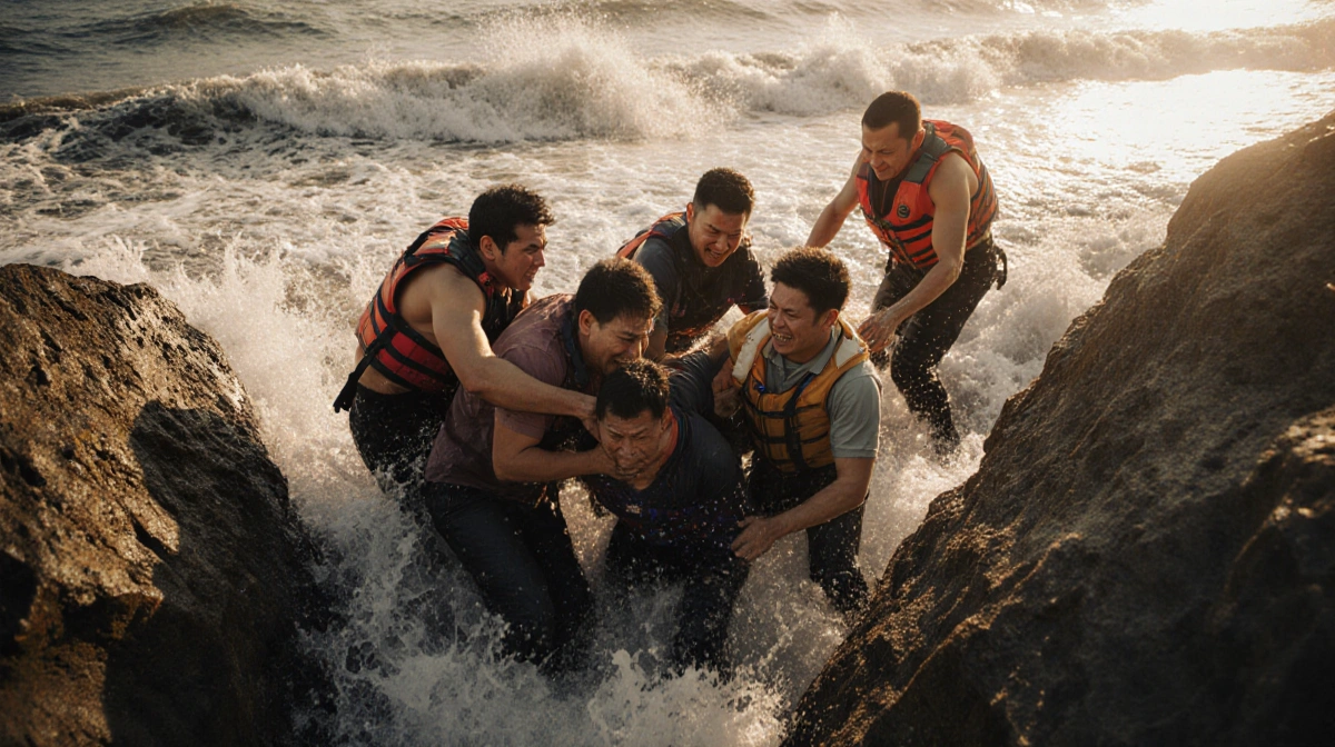 Rescuers pulling five people to safety with waves crashing on rocky shore and warm sunlight showing exhaustion.