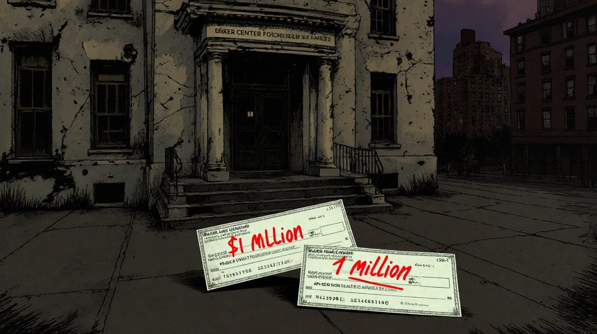 Abandoned Baker Center building stands empty at dusk with two million dollar checks lying on cracked ground near entrance