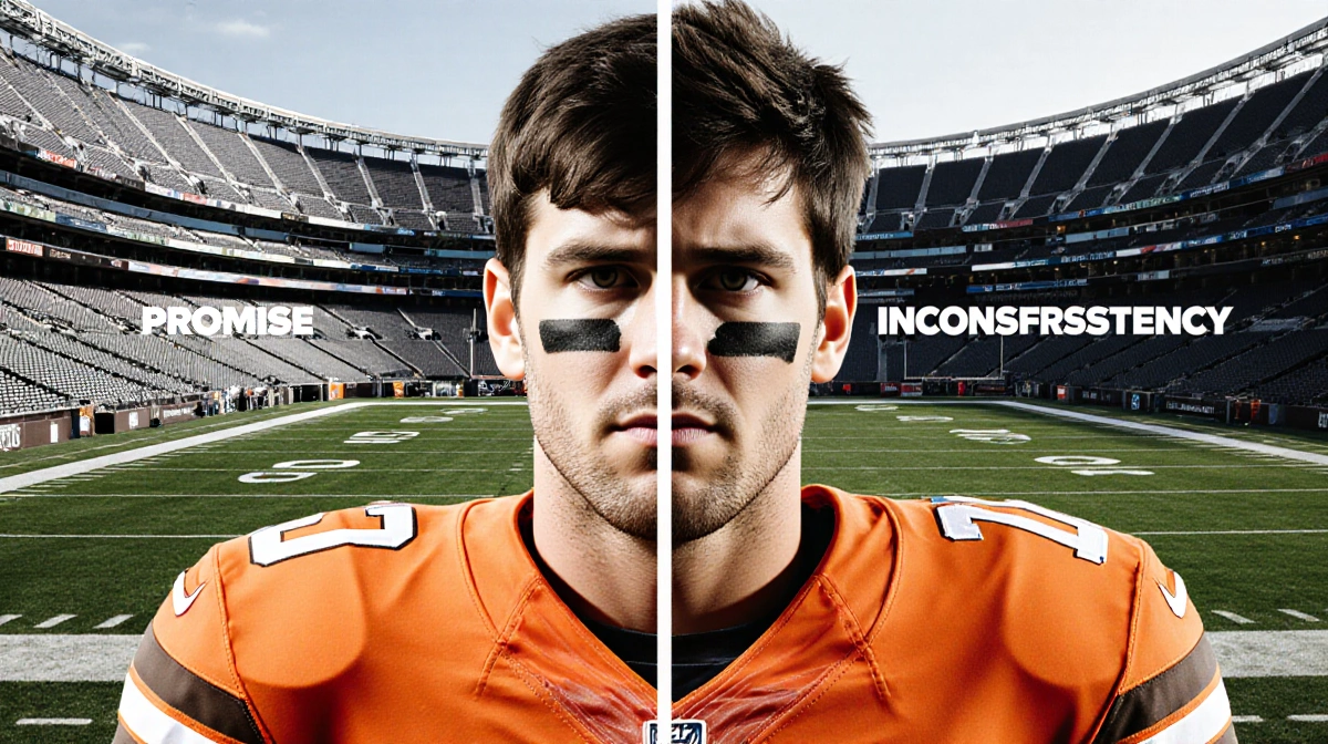 Baker Mayfield stands before split stadium background with Promise and Inconsistency on football field showing determination