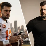 Baker Mayfield faces Kevin Stefanski with football and phone while Cleveland skyline glows behind them