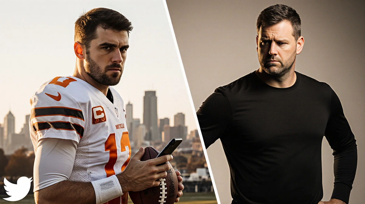 Baker Mayfield faces Kevin Stefanski with football and phone while Cleveland skyline glows behind them