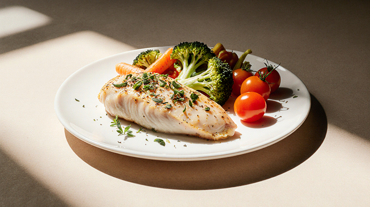 Plate presenting balanced healthy chicken breast with colorful veggies and herbs