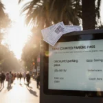 Modern kiosk displaying discounted parking passes with digital screen and crowd at Balboa Park entrance during sunny morning