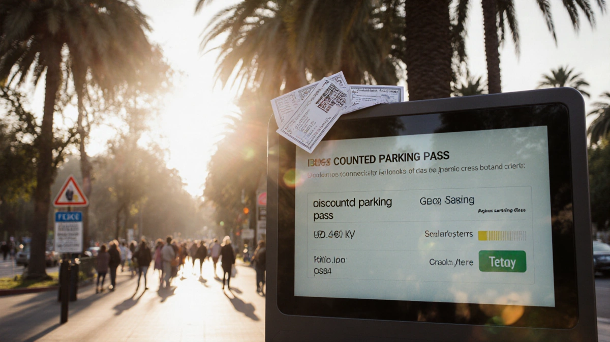Modern kiosk displaying discounted parking passes with digital screen and crowd at Balboa Park entrance during sunny morning