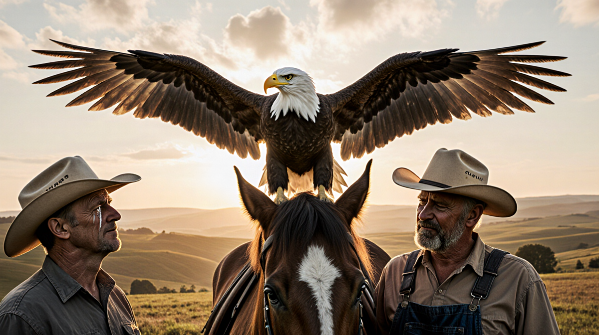 Bald Eagle perches on Clydesdale Horse with sunset sky over fields and farmers sharing a warm moment