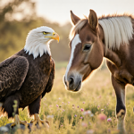 Bald eagle perched beside curious foal with golden sunlight bathing the meadow