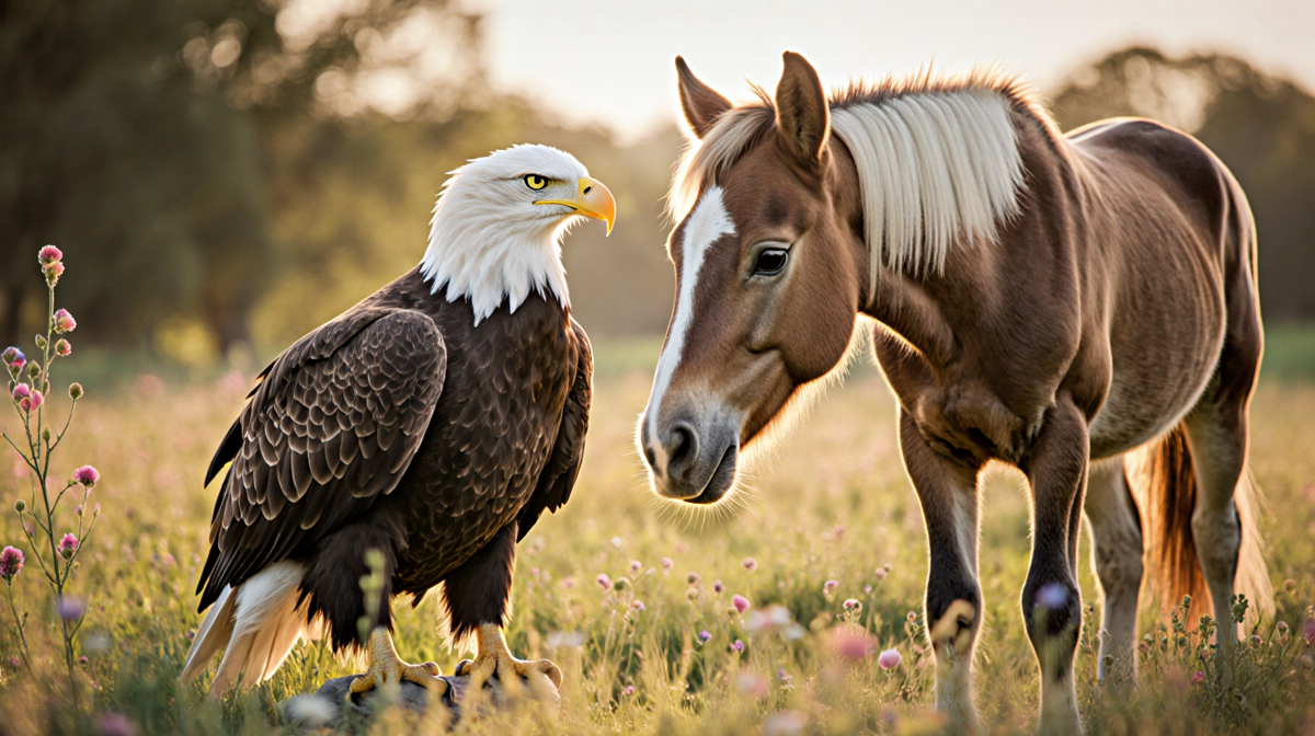 Bald eagle perched beside curious foal with golden sunlight bathing the meadow