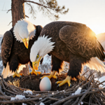 Bald eagle gently places her first egg into nest with mate standing proudly amid golden hour light over snow