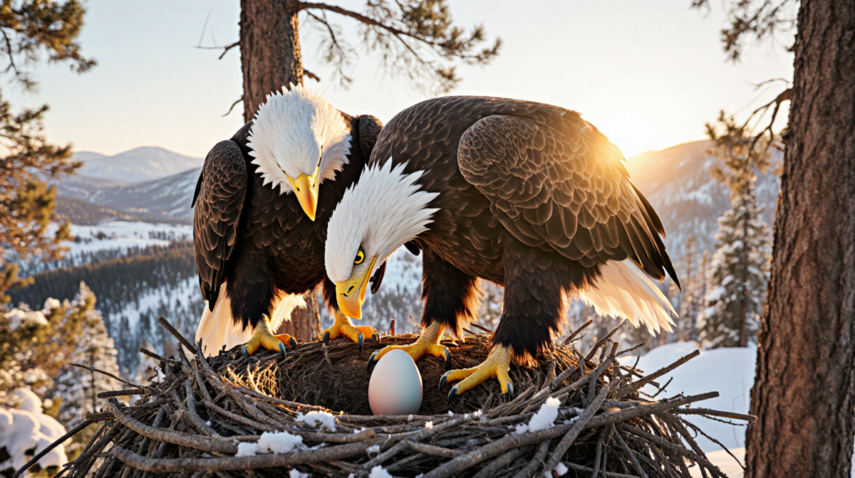 Bald eagle gently places her first egg into nest with mate standing proudly amid golden hour light over snow
