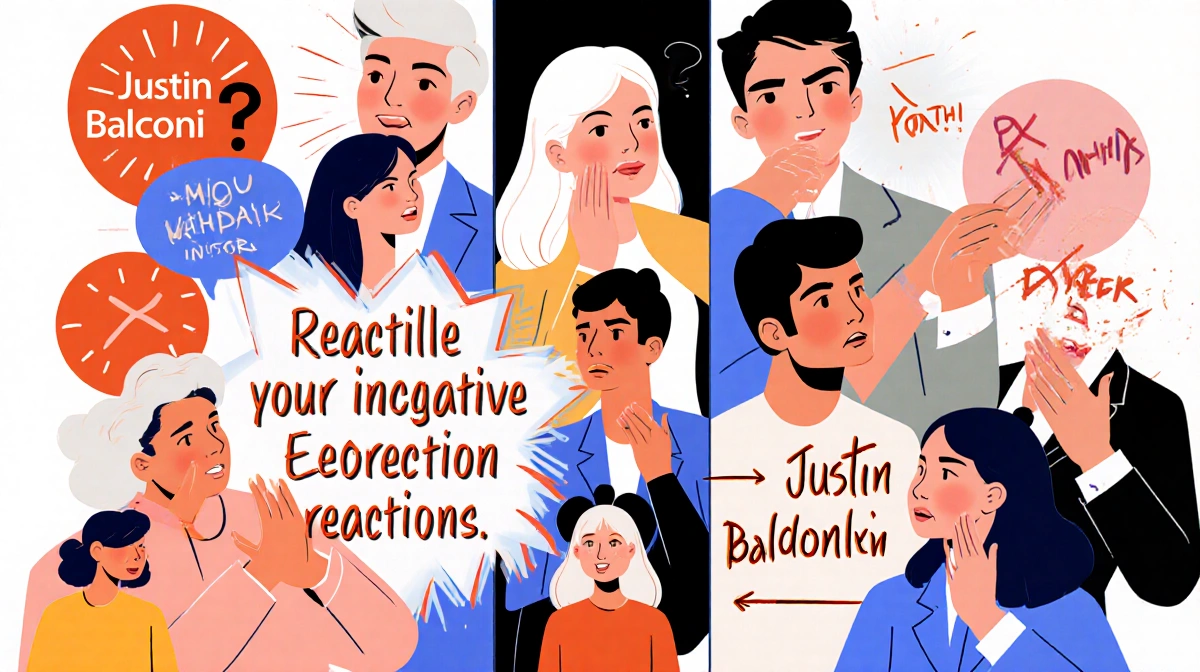 Diverse professionals reacting with disapproval to Justin Baldoni with bold typography and contrasting colors