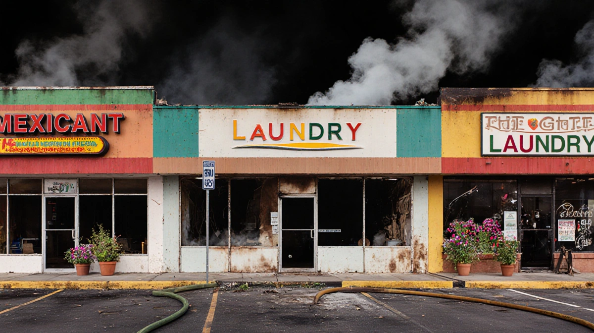 Laundry facility stands undamaged in a chaotic strip mall with flaming Mexican restaurant and smoke-filled flower shop.