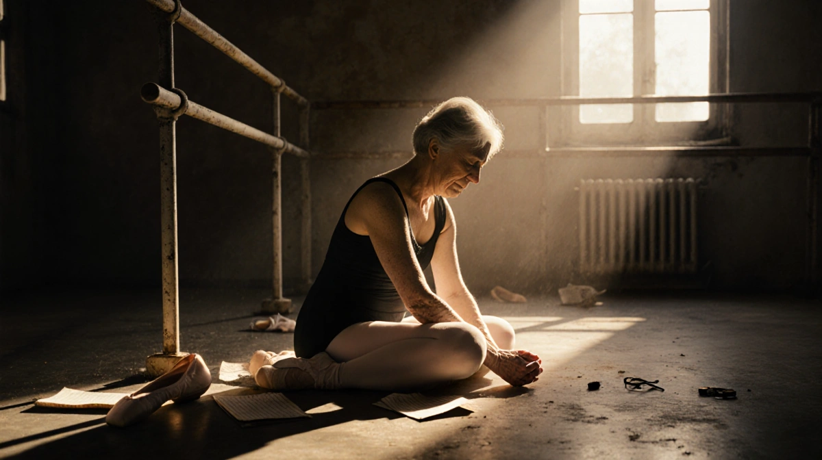 Middle-aged ballerina sitting alone in dim ballet studio with golden light on her profile and worn pointe shoes nearby
