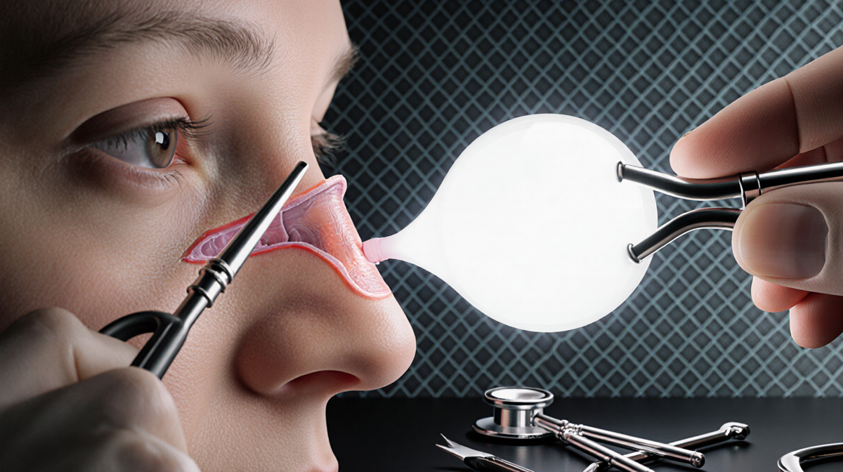 Balloon catheter expanding through sinus blockage with white balloon and medical instruments around