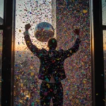 Treb Heining raises his hands to throw confetti with the New Year ball and Times Square skyline reflected in glass below.