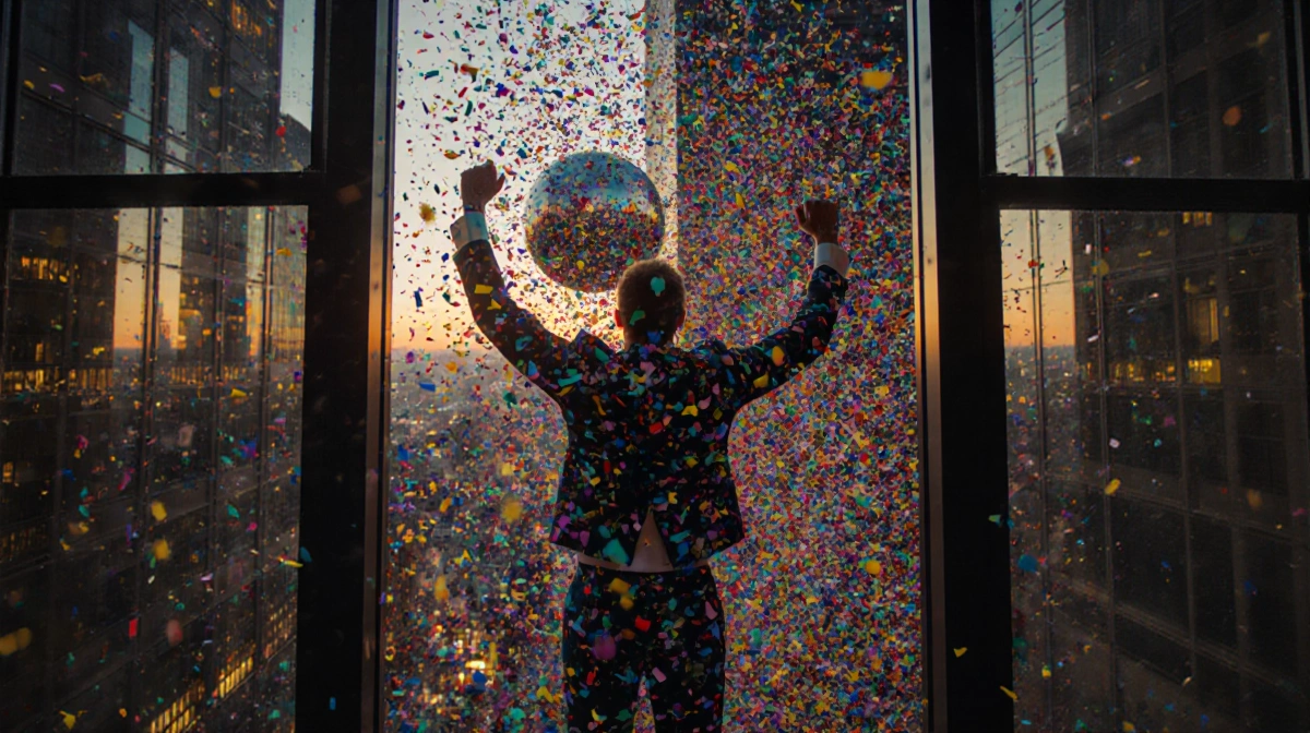 Treb Heining raises his hands to throw confetti with the New Year ball and Times Square skyline reflected in glass below.