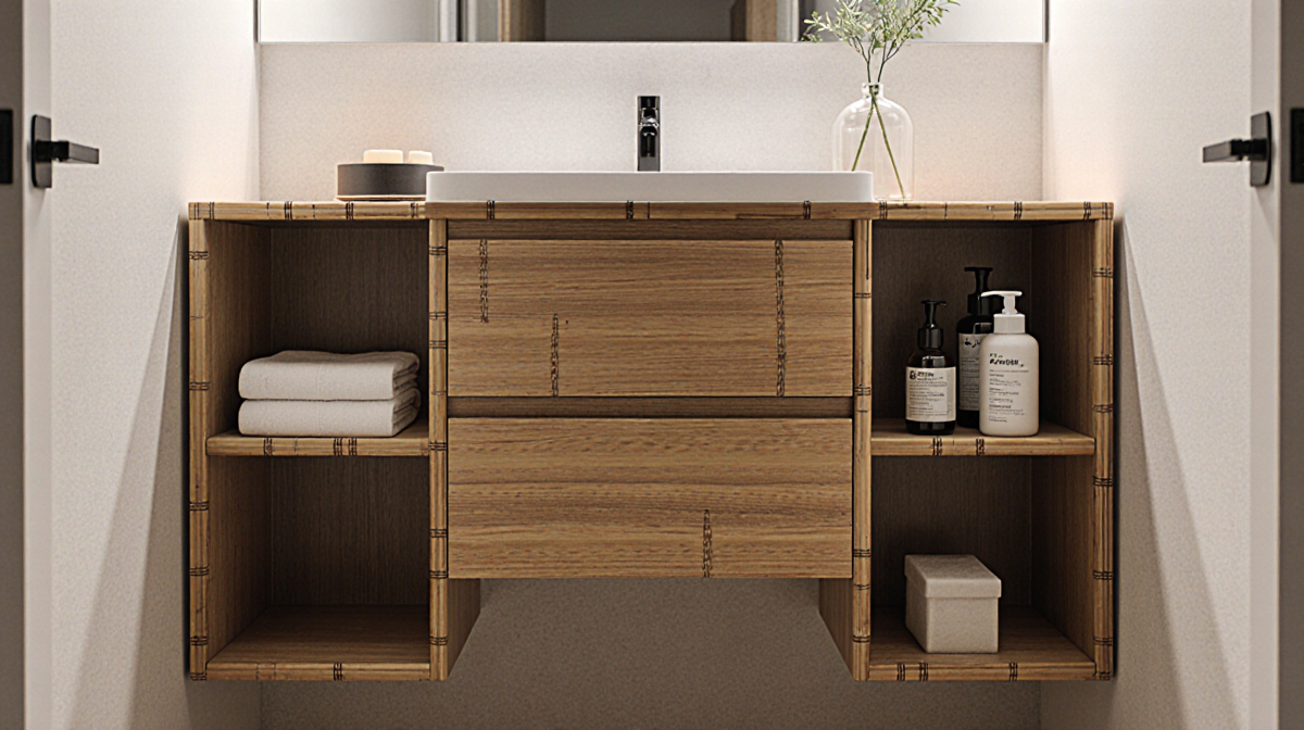 Bamboo cabinet standing in a small bathroom with a wall-mounted mirror and warm lighting