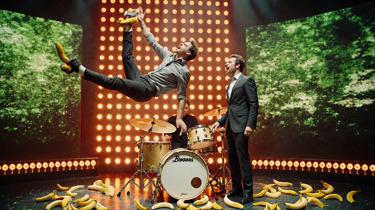 Ben Stiller standing on drum kit after back flip attempt with banana peel splatters on drums and vibrant LED stage lights