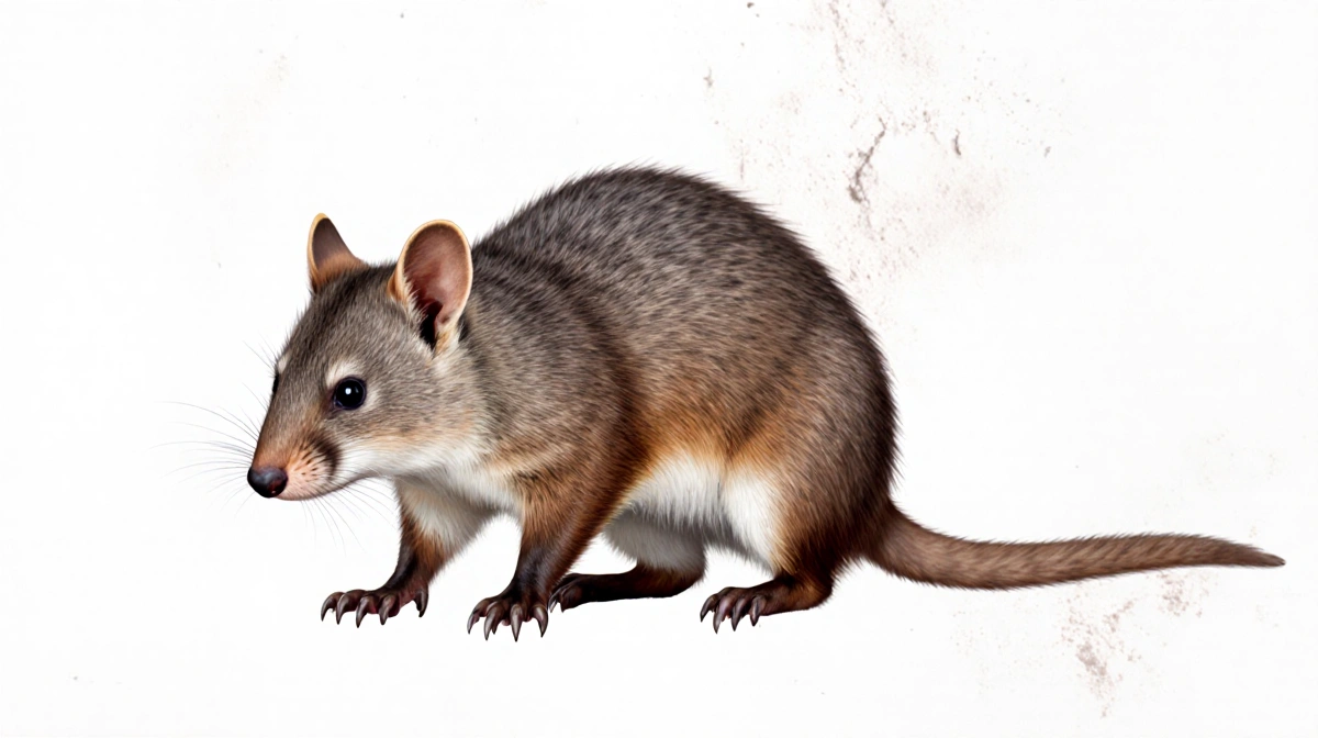 Bandicoot standing alert with pointed ears and curved digging claws on textured white background