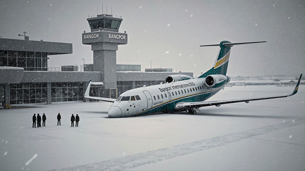 Bombardier Challenger 600 airplane crashes in snow at Bangor Airport with dark silhouettes nearby