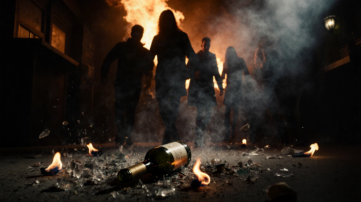 Fire licking edges of the frame with smoke-filled night and shattered bottle.