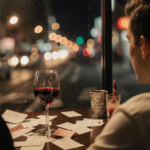 Person sitting at a bar with a glass of red wine and a cluttered table of receipts against a blurred cityscape