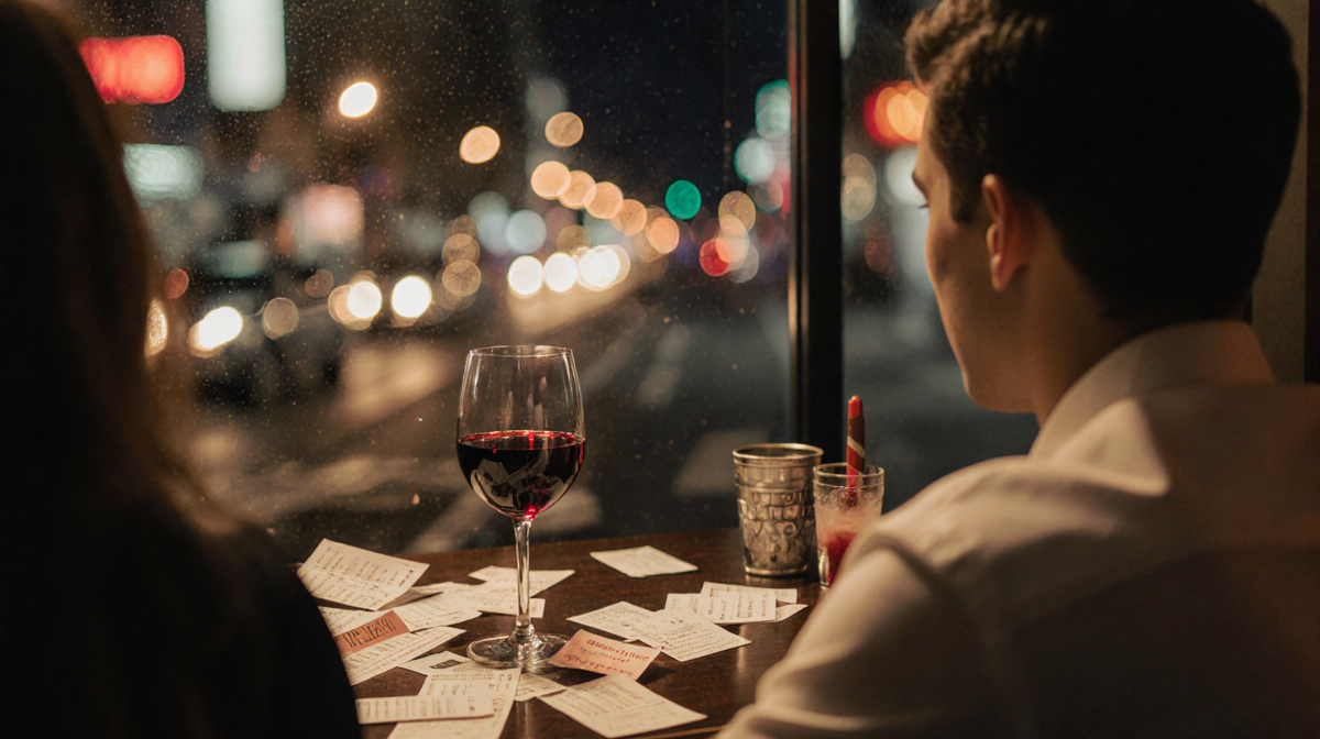 Person sitting at a bar with a glass of red wine and a cluttered table of receipts against a blurred cityscape