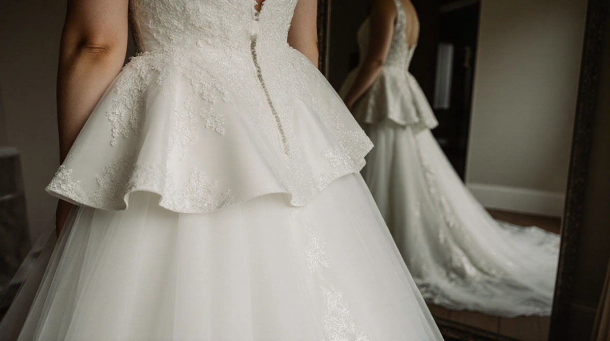 Barb models her fitted wedding gown with peplum hem and chapel train showing her weight loss transformation