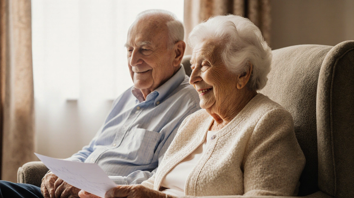 Barbara Busfield holds a handwritten letter while sitting with her son-in-law Timothy showing family love and support