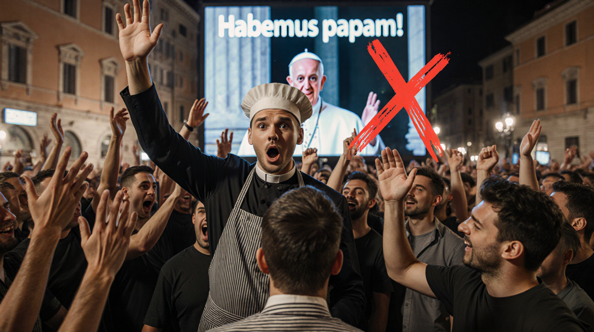 Barber standing amid cheering crowd in Rome with Roman hat and surprised expression near papal announcement screen