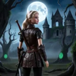 Barbie stands in mystical forest with glowing rune trees and castle ruins behind her leather armor