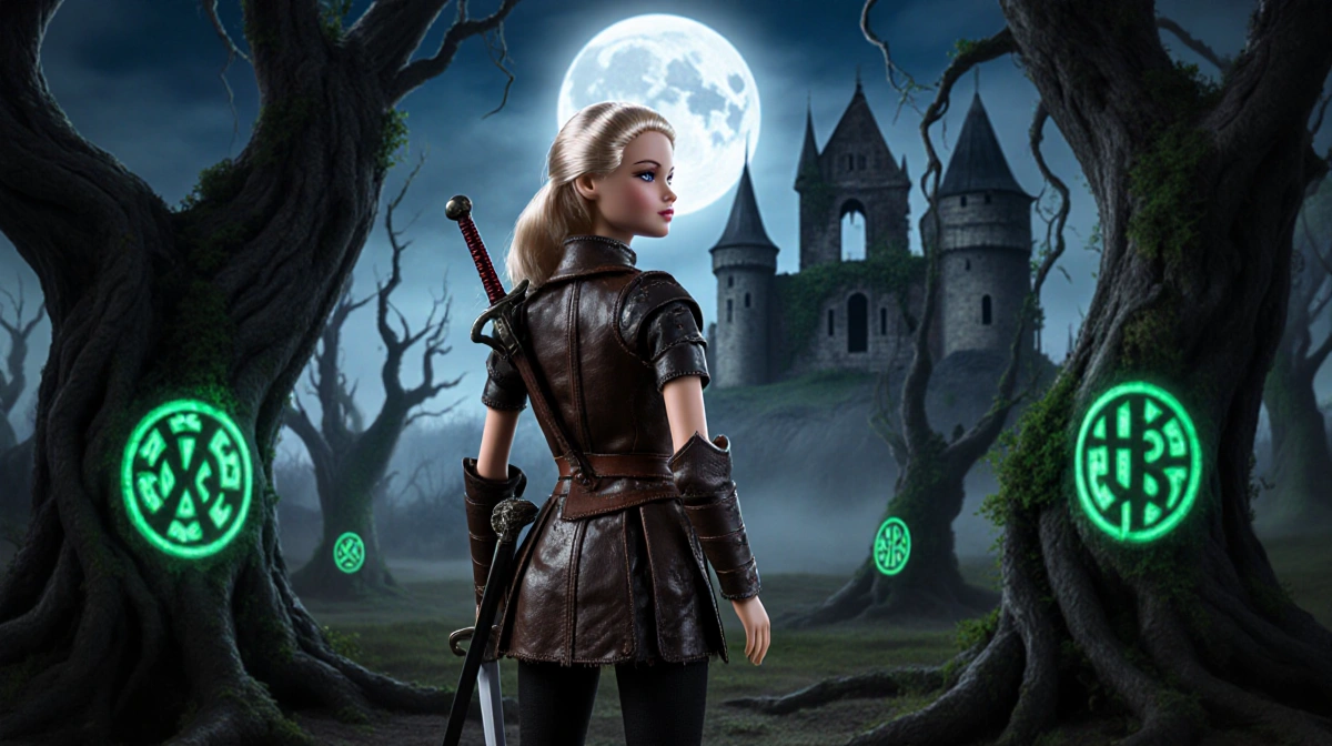Barbie stands in mystical forest with glowing rune trees and castle ruins behind her leather armor
