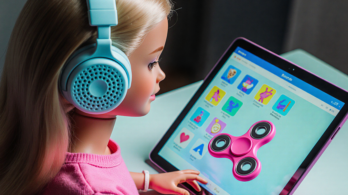 Barbie sits with pink fidget spinner spinning on the table headphones on her head in calm colors.