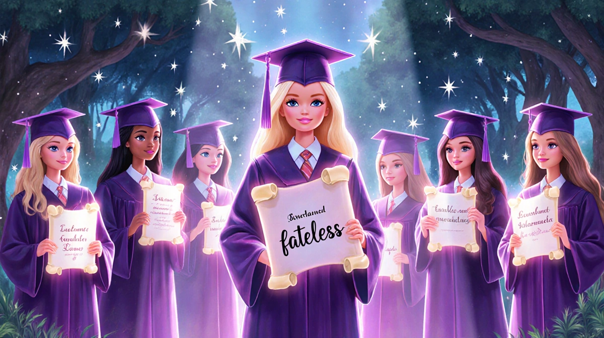 Barbie stands at graduation with glowing graduates holding scrolls and ethereal stars lighting the ceremony