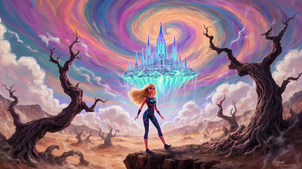 Barbie exploring desert edge with twisted trees and floating city glowing in swirling sky