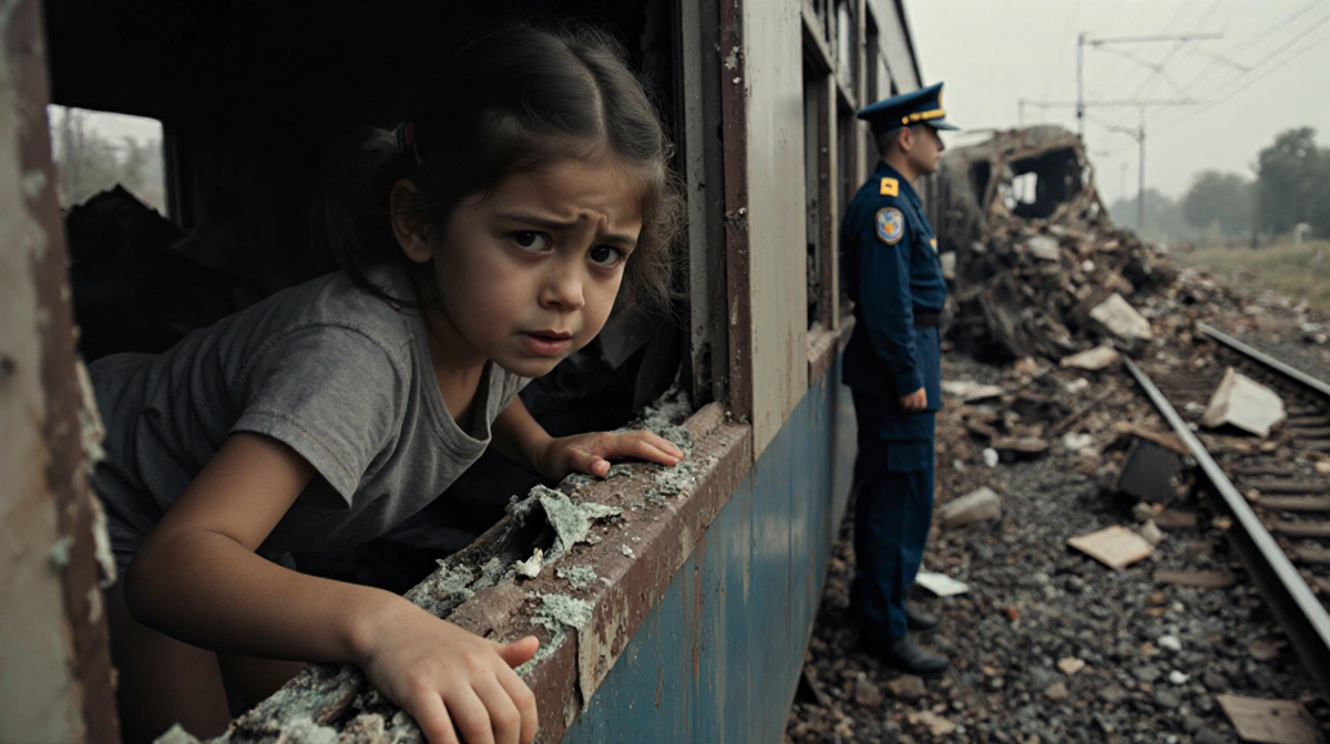 Barefoot six-year-old girl leaning out broken window grasping rail with train crash debris Civil Guard officer in background.