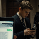 Barron Trump staring at his phone with a dim courthouse hallway and faint glow of assault news in the background.