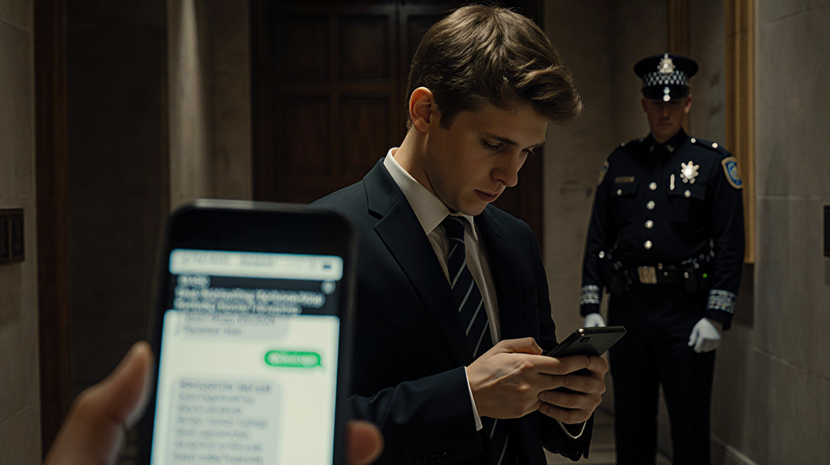 Barron Trump staring at his phone with a dim courthouse hallway and faint glow of assault news in the background.