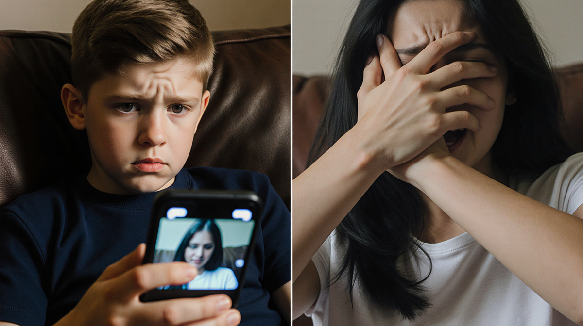 Split screen Barron Trump on couch with FaceTime phone while woman on other side looks and is attacked by ex-boyfriend with h