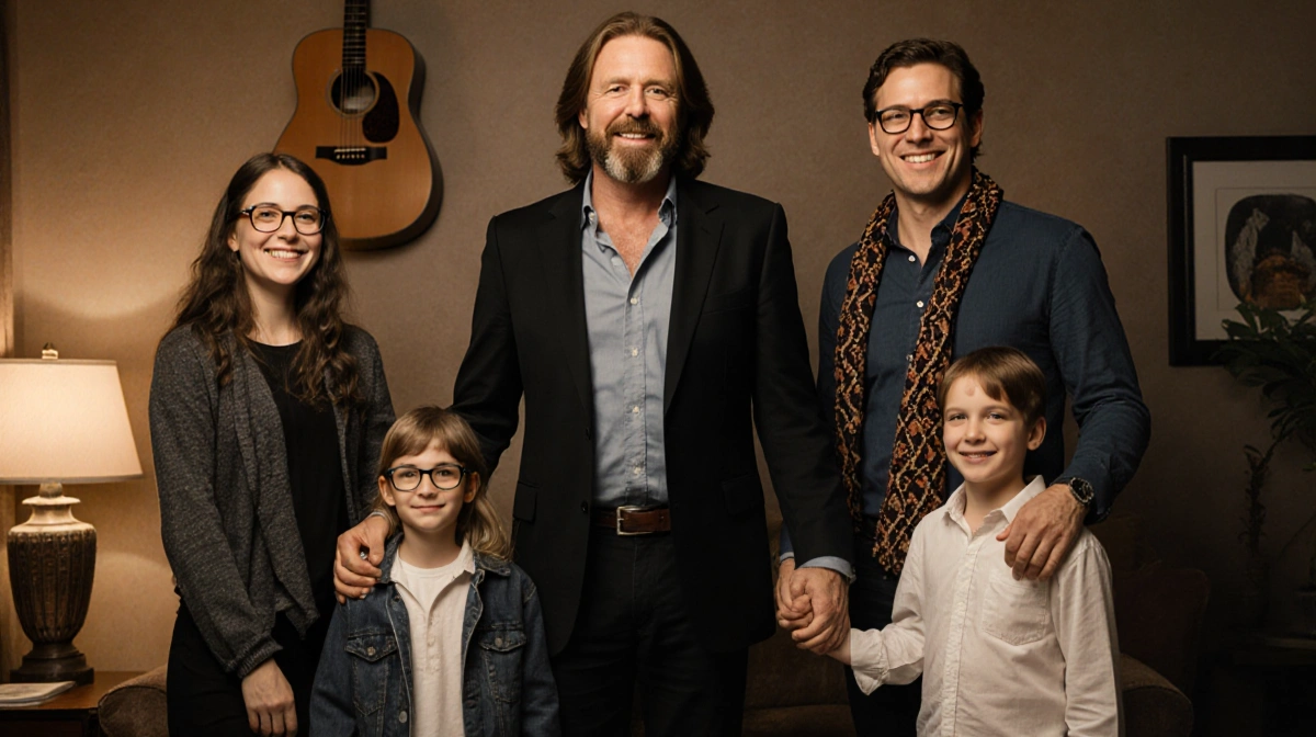 Barry Gibb stands with his five children and grandchildren in a cozy living room with vintage guitar on wall