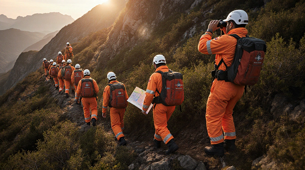 Search and rescue officers in bright orange jumpsuits navigate mountainous terrain with rescue backpacks and maps while anoth