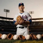 Baseball legend [Name] holding a worn-out baseball glove with seven children