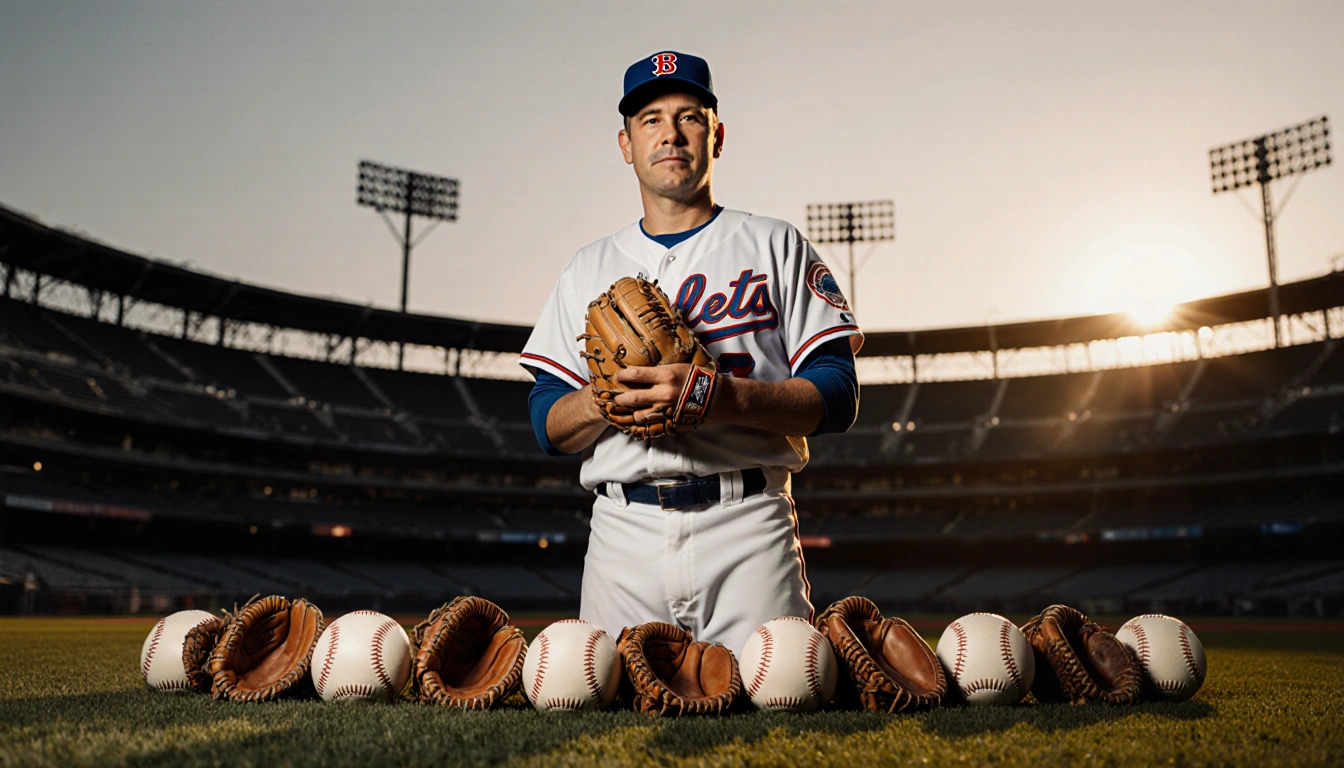 Baseball legend [Name] holding a worn-out baseball glove with seven children