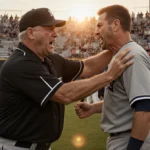 Angry umpire confronts upset father with clenched hand on boy