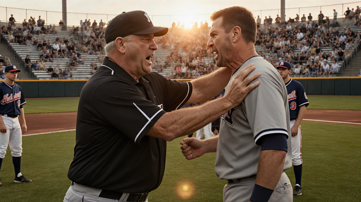 Angry umpire confronts upset father with clenched hand on boy