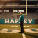 Coach Hafley standing at 50-yard line, gazing out at field with empty seats and faded